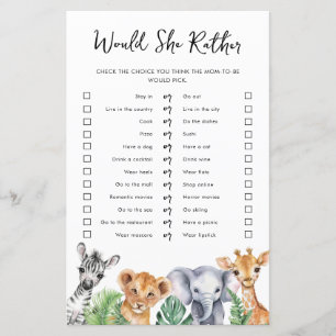 Safari Would She Rather Baby Shower Game Card