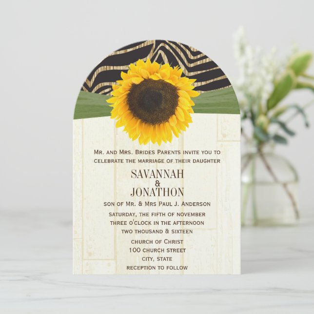 Safari Zebra Barn Wood Sunflower Zebra Wedding Invitation (Standing Front)