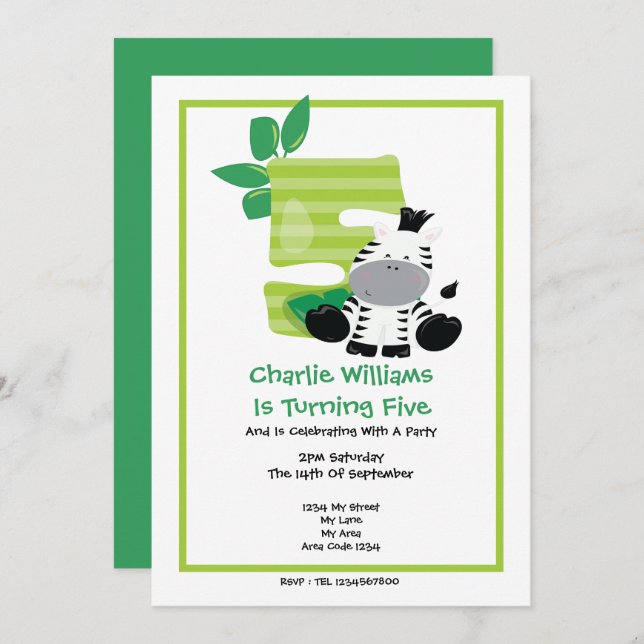 Safari Zebra Fifth Birthday Party Invitation (Front/Back)