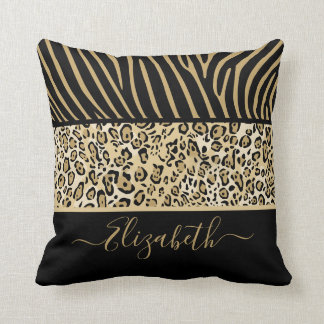 Safari Zebra Leopard Print Stripes Decor With Name Cushion