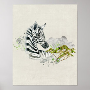 Safari Zebra With Green Savannah Tree Watercolor Poster