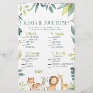 Safari Zoo Animal What's In Purse Baby Shower Game Stationery