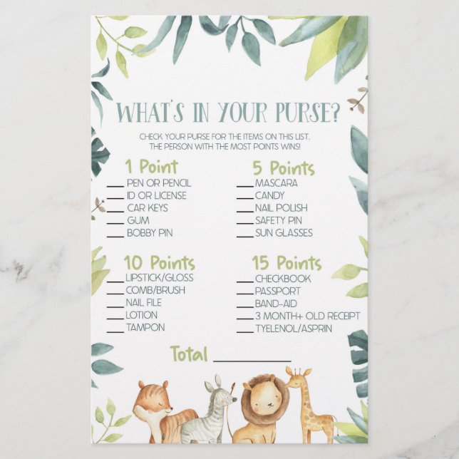 Safari Zoo Animal What's In Purse Baby Shower Game Stationery (Front)