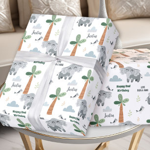Safari ZOO Animals Cute Elephant Boy Birthday Name Wrapping Paper