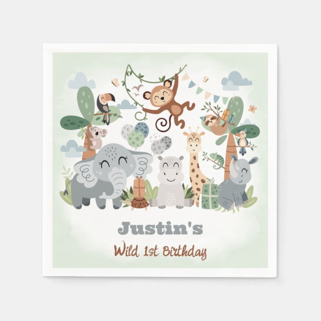 Safari ZOO Animals Wild One Green 1st Birthday Napkin (Front)