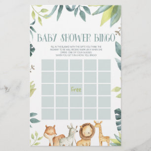 Safari Zoo Jungle Animals Bingo Baby Shower Game Stationery