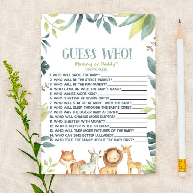Safari Zoo Wild Animal Guess Who! Baby Shower Game Stationery (Creator Uploaded)