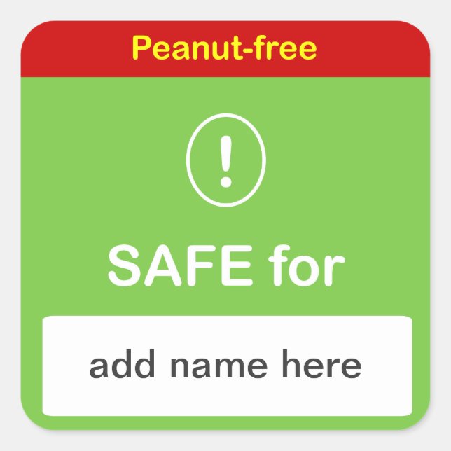 SAFE FOOD LABEL w/ Custom Name ~ PEANUT-FREE. (Front)