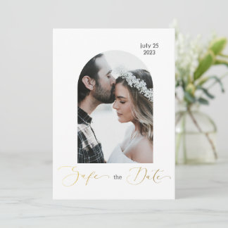 Safe the date photo, golden script invitation