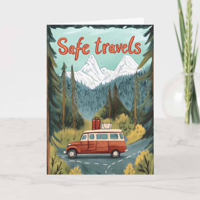 Safe Travels Retro Landscape Car Holiday Card (Front)