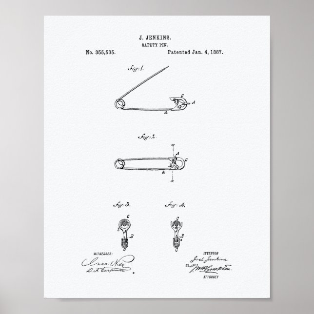 Safety Pin 1887 Patent Art White Paper Poster (Front)