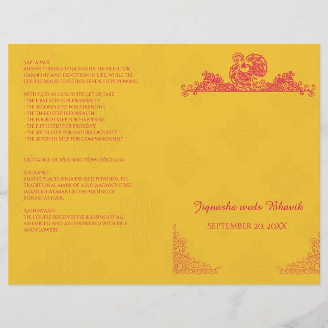 Saffron and Pink Peacock Hindu Wedding Program (Front)