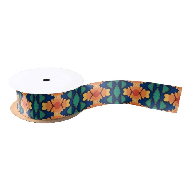 Saffron Bloom Floral Navy Orange and Green Satin Ribbon (Spool)