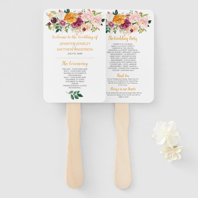 Saffron, Burgundy, Mauve, Pink Floral Wedding Hand Fan (Front and Back)