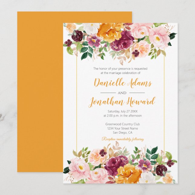Saffron Burgundy Pink Watercolor Floral Wedding Invitation (Front/Back)
