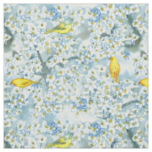 Saffron Finch Warbler Birds Blooming Fruit Tree Fabric
