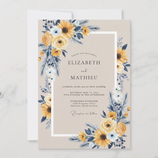 Saffron Indigo Sunflower Eucalyptus Wedding Invitation (Front)