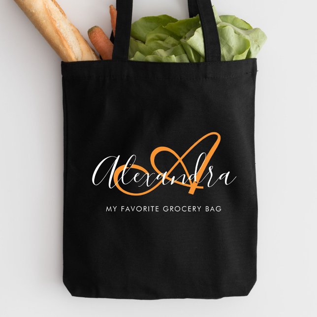 Saffron Orange Script Monogram Halloween Tote Bag (Girly Saffron Orange Elegant Script Name Monogram Tote Bag)