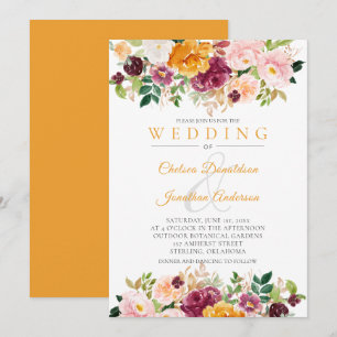 Saffron, Pink, Burgundy Watercolor Roses Wedding Invitation