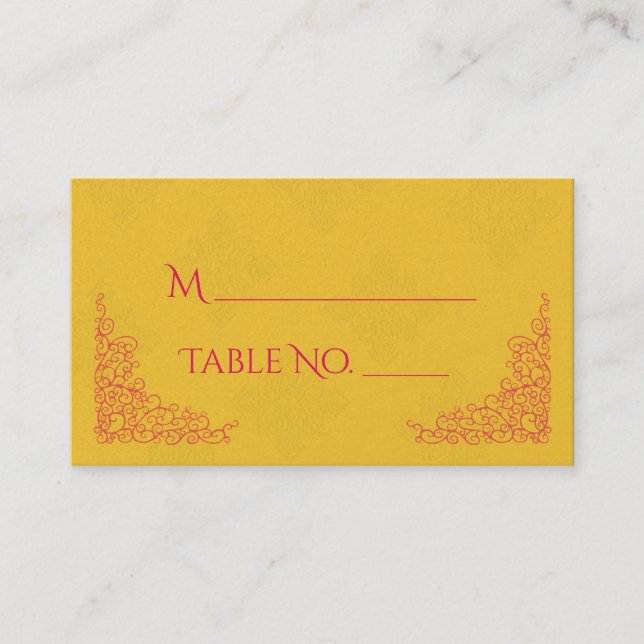 Saffron Pink Peacock Indian Wedding Place Cards (Front)