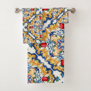 Saffron Red Floral Sicilian Majolica Mediterranean Bath Towel Set