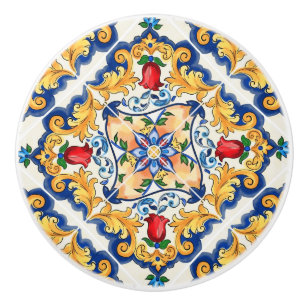 Saffron Red Floral Sicilian Majolica Mediterranean Ceramic Knob