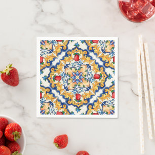 Saffron Red Floral Sicilian Majolica Mediterranean Napkin