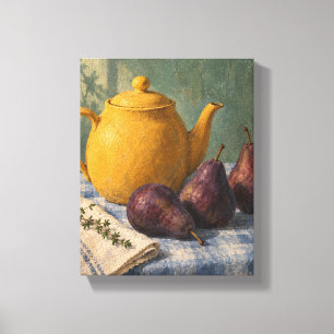 Saffron Teapot and Damson Pears Rustic Still Lif Canvas Print