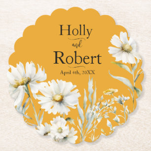 Saffron Yellow, Daisy Floral Wedding Paper Coaster