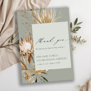 Saga Green Boho Protea Dried Palm Floral Wedding Thank You Card