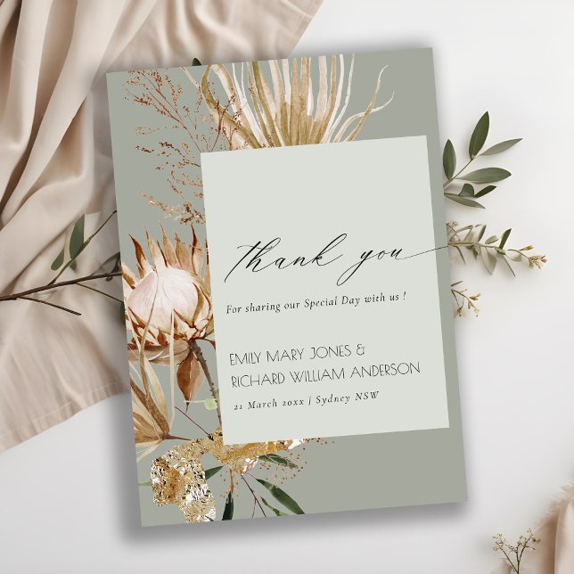 Saga Green Boho Protea Dried Palm Floral Wedding Thank You Card (Creator Uploaded)