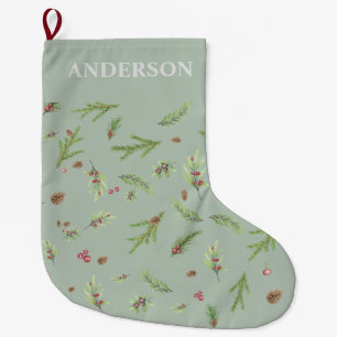 Saga Green botanical elegant modern family gift Large Christmas Stocking