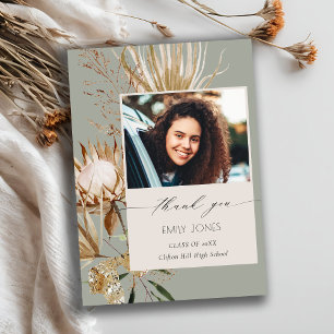 Saga Green Protea Dry Palm Floral Photo Graduation Thank You Card