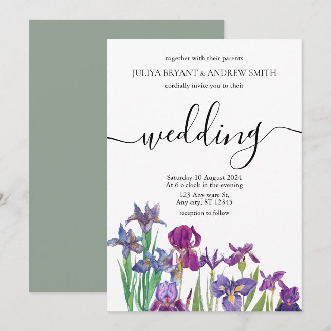 Saga green Unique floral Script wedding Invitation (Front/Back)