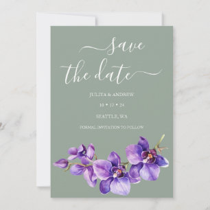 Saga green with Orchid flower unique wedding Save The Date