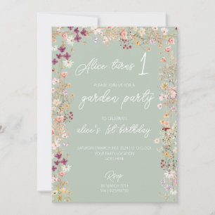 Sage 1st birthday party wildflower garden party  invitation