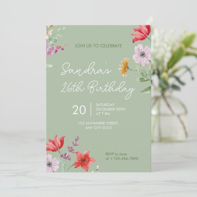 Sage 26th Birthday Invitation Simple floral (Standing Front)