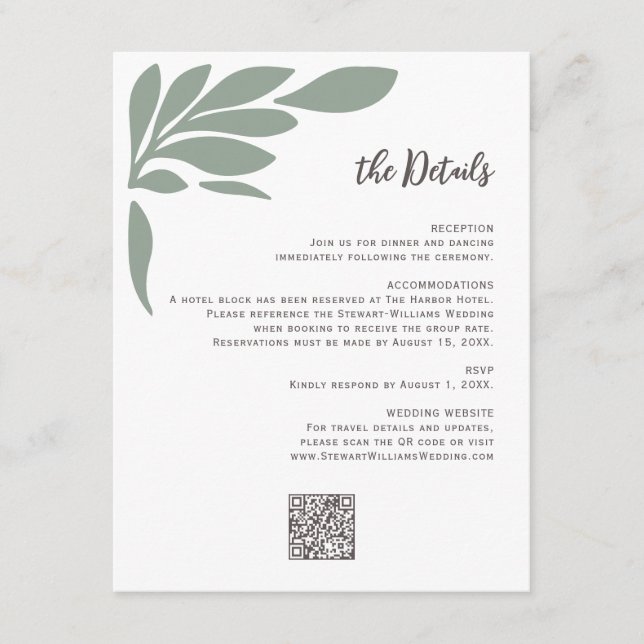 Sage Abstract Tropical Floral Leaf Wedding  Enclosure Card (Front)