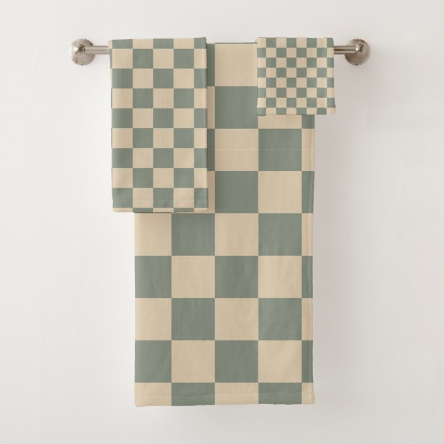 Sage Almond Chequered Bath Towel Set (Insitu)