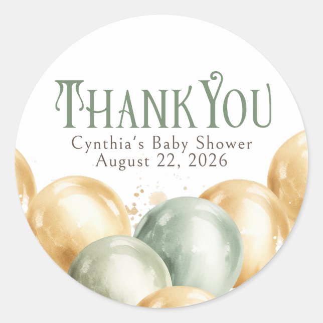 Sage and Beige Gold Balloons Thank You Classic Round Sticker (Front)