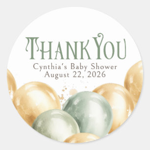 Sage and Beige Gold Balloons Thank You Classic Round Sticker