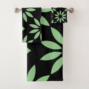 Sage and black Green Big Flowers Bath Towel Set