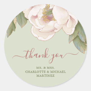 Sage and Blush Peony Rose Wedding Thank You Classic Round Sticker