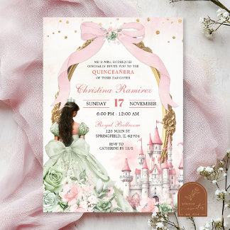 Sage and Blush Pink Coquette Bow Fairytale Castle Invitation