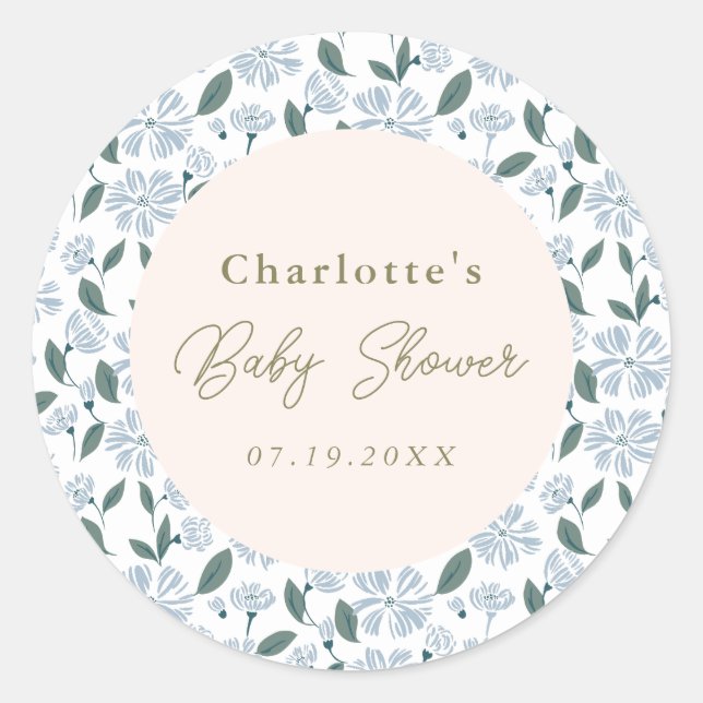 Sage and Dusty Blue Floral Baby Shower Custom Classic Round Sticker (Front)