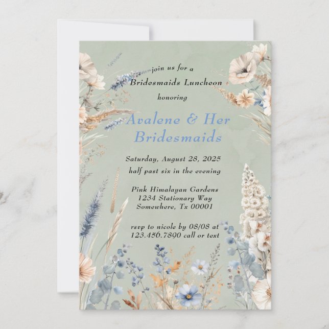 Sage And Dusty Blue Floral Bridesmaids Luncheon Invitation (Front)