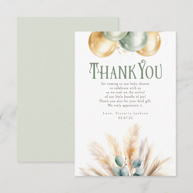 Sage and Gold  Baby Shower Small Thank You Card (Front/Back)