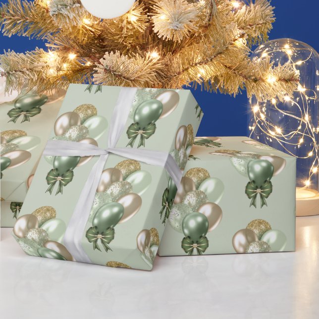 Sage and Gold Balloons Pattern Wrapping Paper (Holidays)