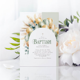 Sage and Gold Boho Arch Eucalyptus Baptism Invitation