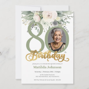 Sage and Gold Floral Photo 80th Birthday  Invitation